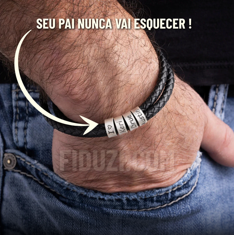 Pulseira Couro Personalizável -Prata 925 - 14G | Gravação a Laser + Cartão de Presente