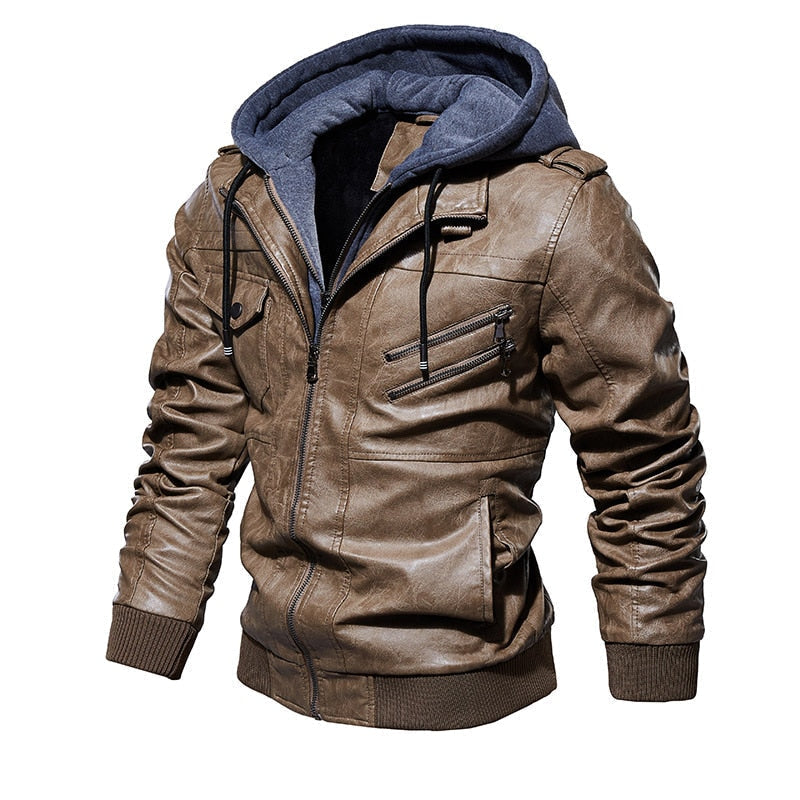 Jaqueta Masculina de Couro  Com Capuz Removível