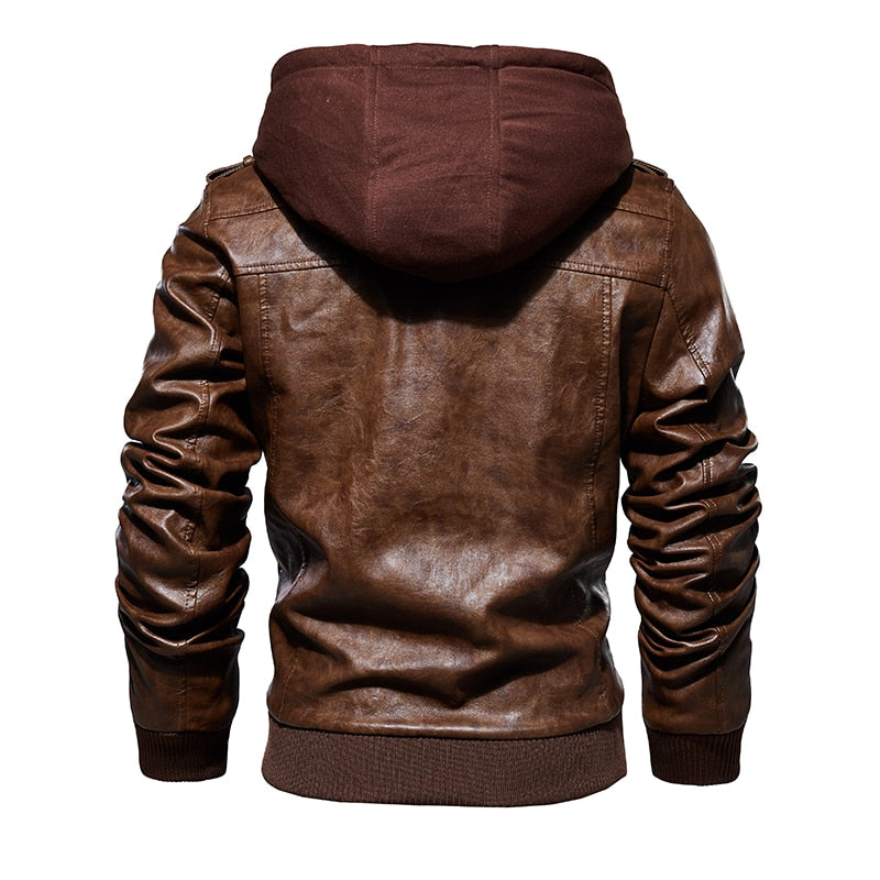 Jaqueta Masculina de Couro  Com Capuz Removível