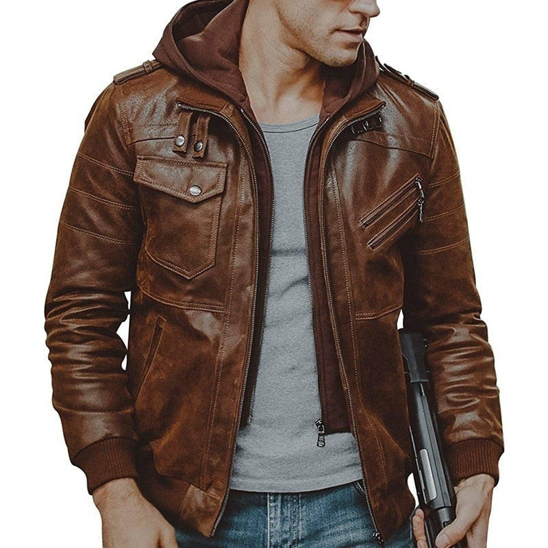 Jaqueta Masculina de Couro  Com Capuz Removível