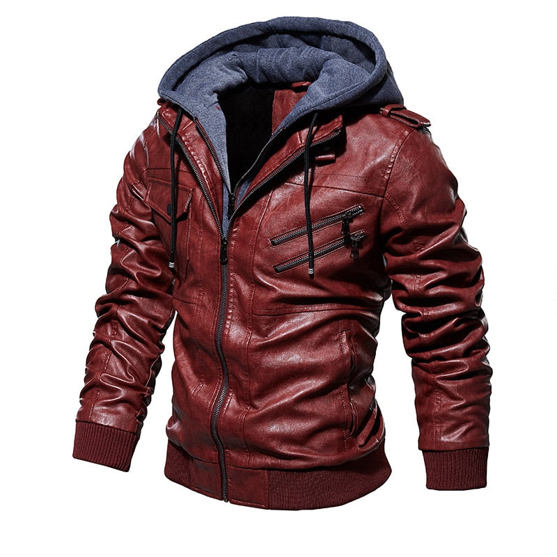Jaqueta Masculina de Couro  Com Capuz Removível