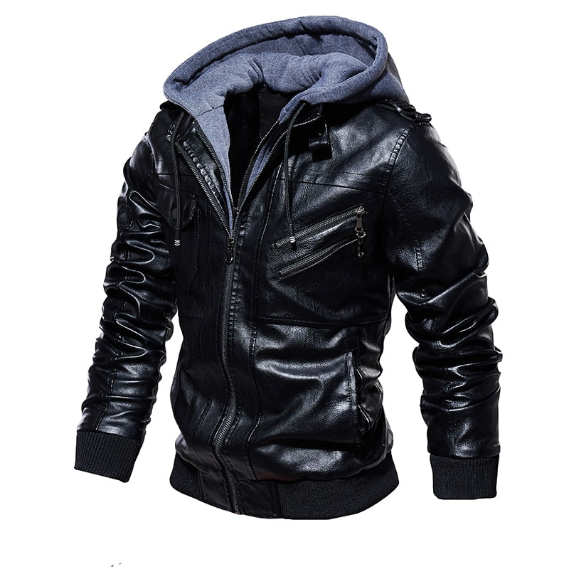 Jaqueta Masculina de Couro  Com Capuz Removível