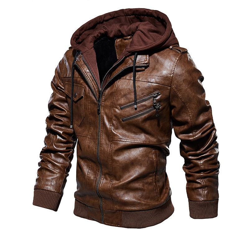 Jaqueta Masculina de Couro  Com Capuz Removível